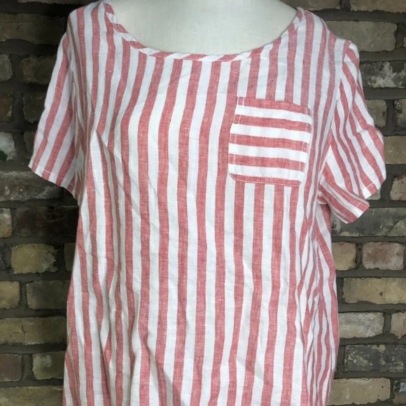 100% Linen Shirt Striped Short Sleeve Loose Fit Boho Flowy Red White - Picture 1 of 5